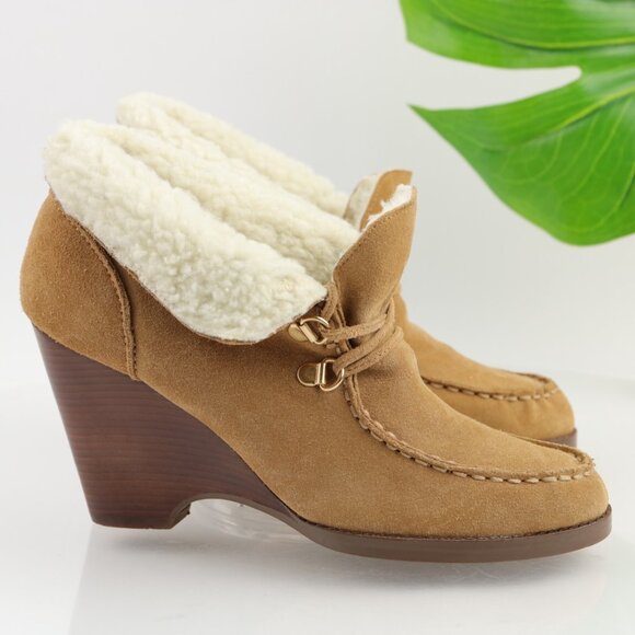 Michael Kors Shoes - Michael Kors Womens Rory Boot Size 7.5 Tan Suede Wedge Heel Lace Up Sherpa Lined